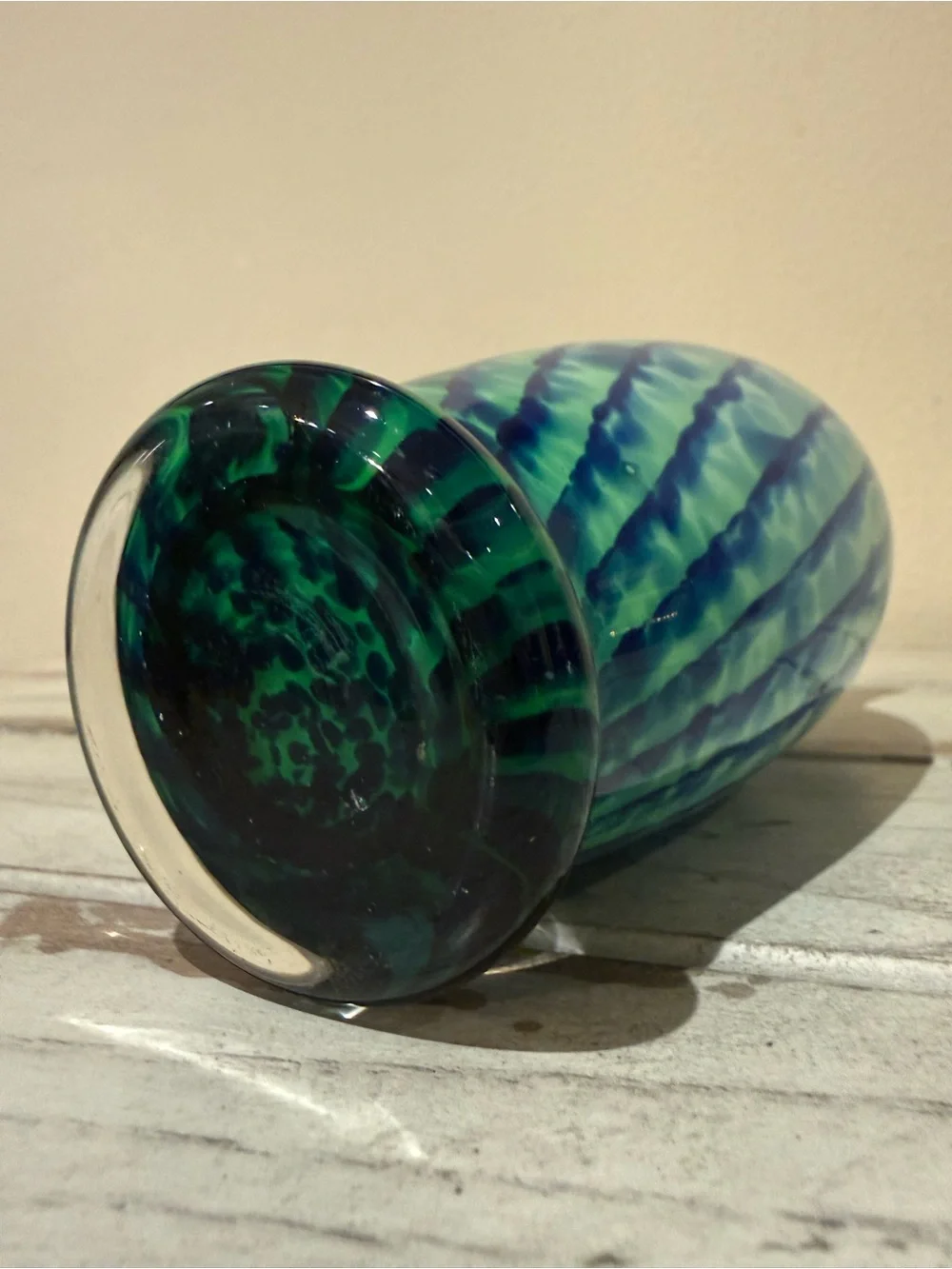 Vintage Blue & Green Art Glass Vase Slanted Rim Swirl Ribbed Decor 6.5